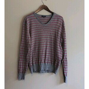 Gap Mens Medium M V-Neck Sweater Red Gray Striped Lightweight Cotton Pullover